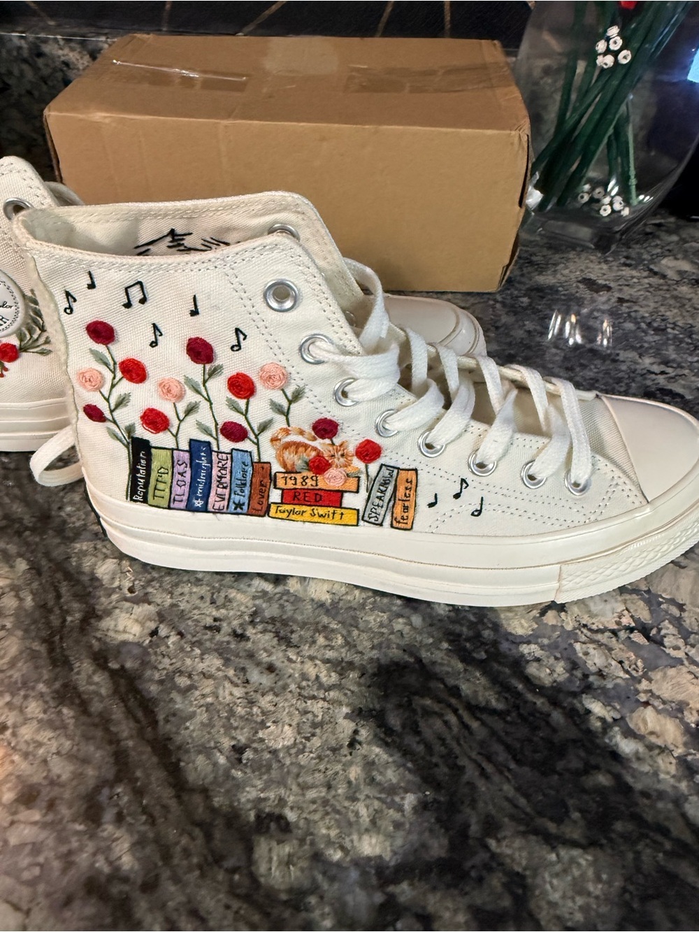 Converse Cream High-Top Sneakers with Floral, Book & Music Embroidery - Picture 8 of 10